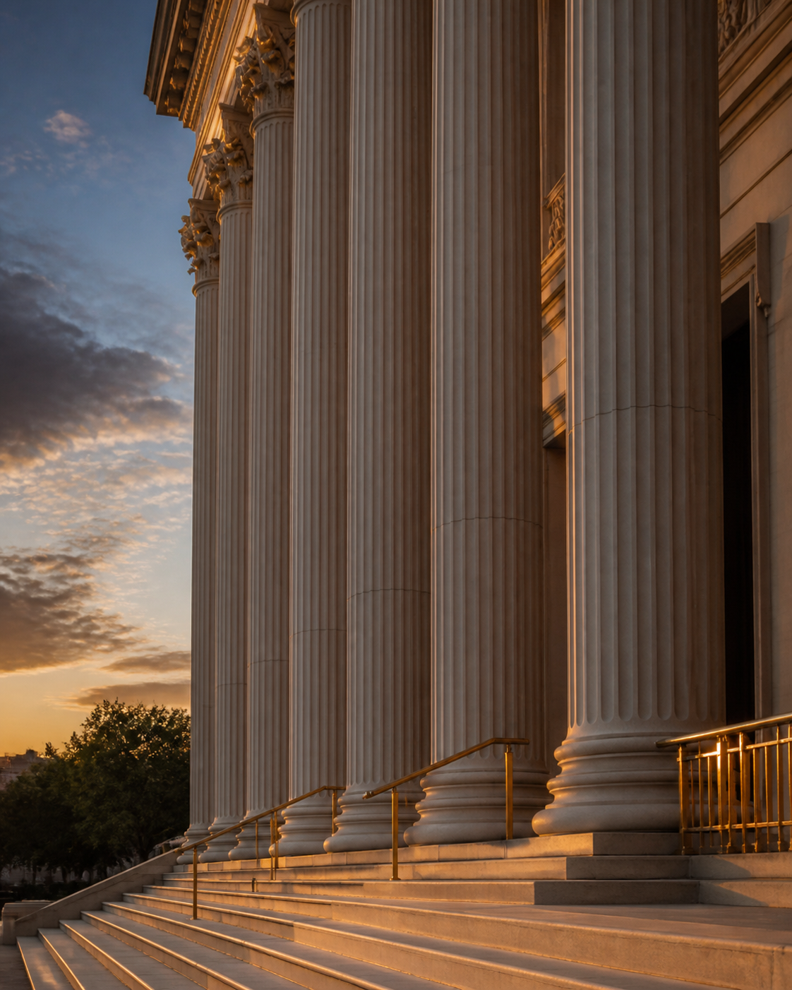 Columnas clásicas de un edificio judicial al atardecer