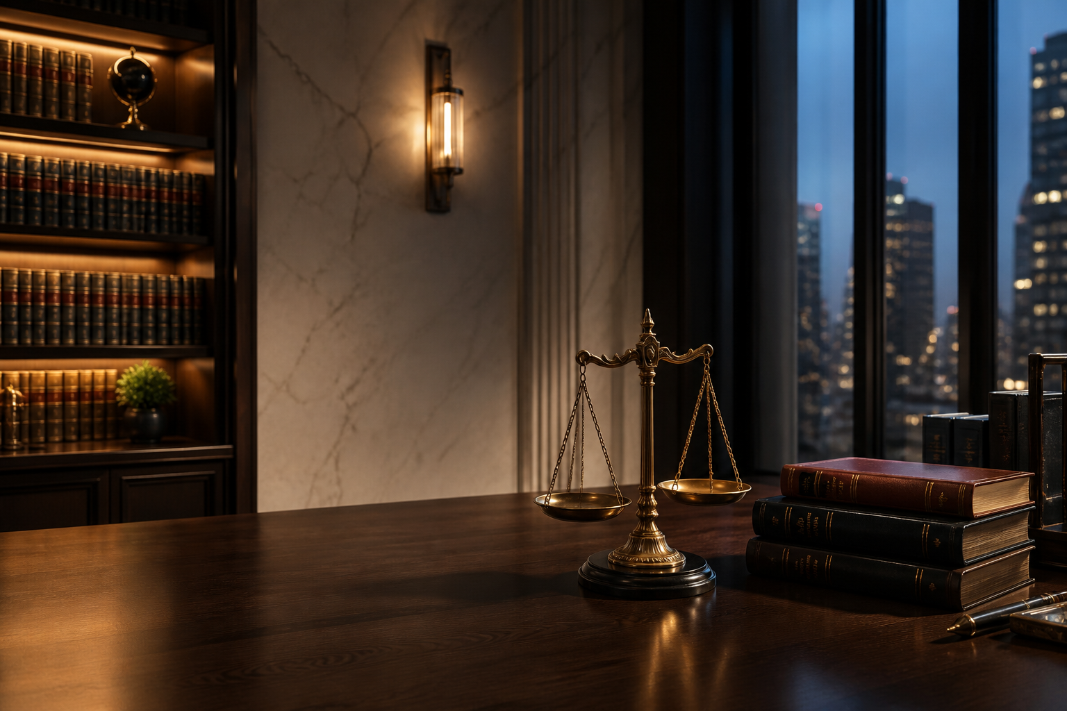 Escritorio jurídico con balanza de justicia y libros de consulta